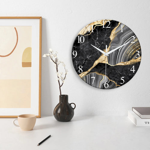 1pc 12-inch modern tempered glass wall clock, marble texture pattern design wall clock, home silent clock home decoration