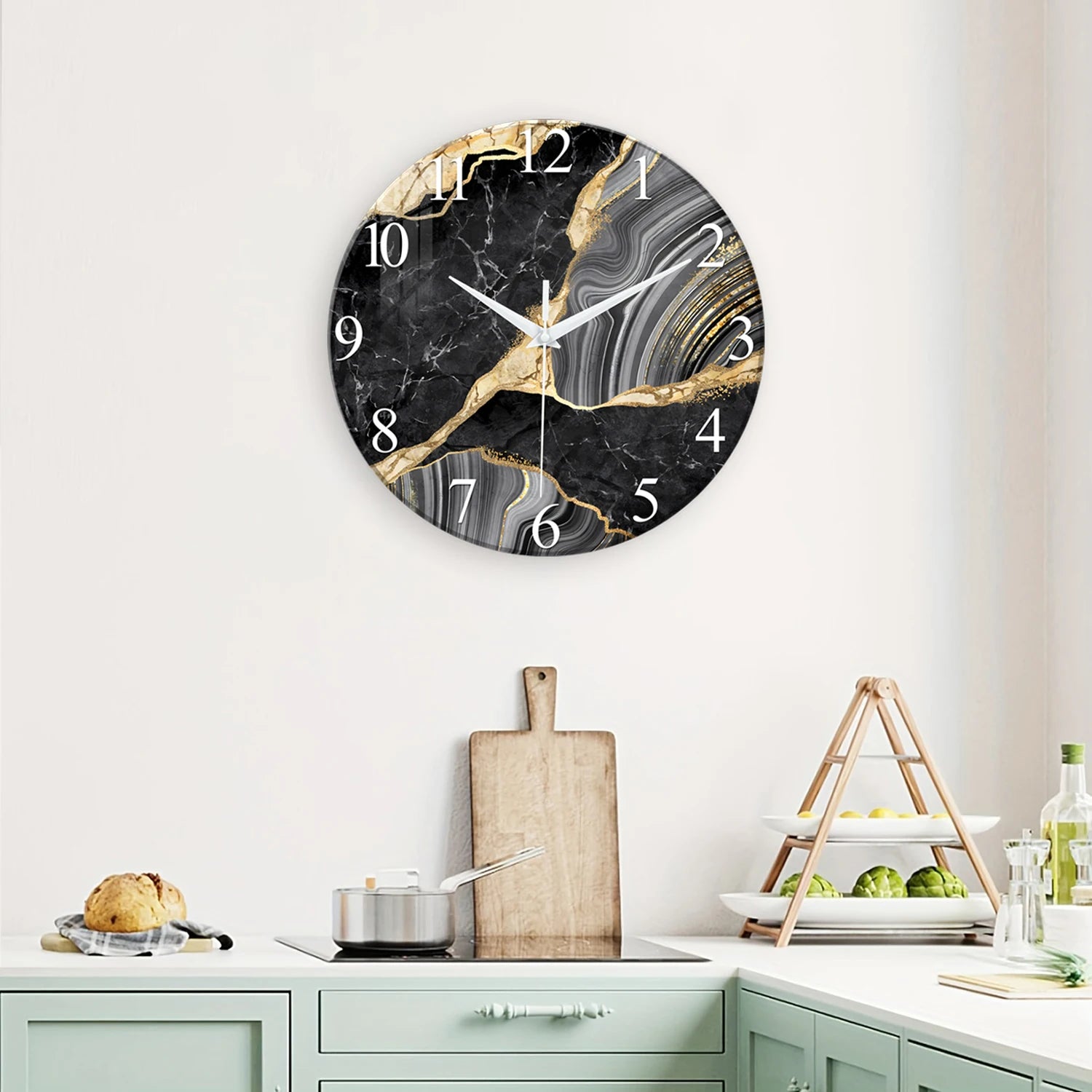 1pc 12-inch modern tempered glass wall clock, marble texture pattern design wall clock, home silent clock home decoration