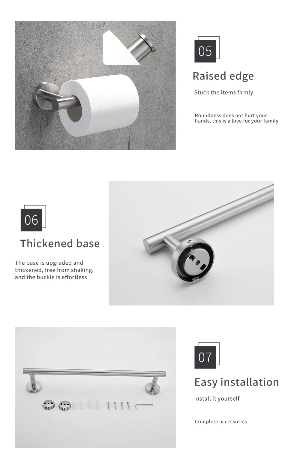 Bathroom Hardware Set Accessories Kit Brushed Stainless Steel Round Wall Rack Hand Bar Toilet Roll Paper Holder Robe Towel Hook