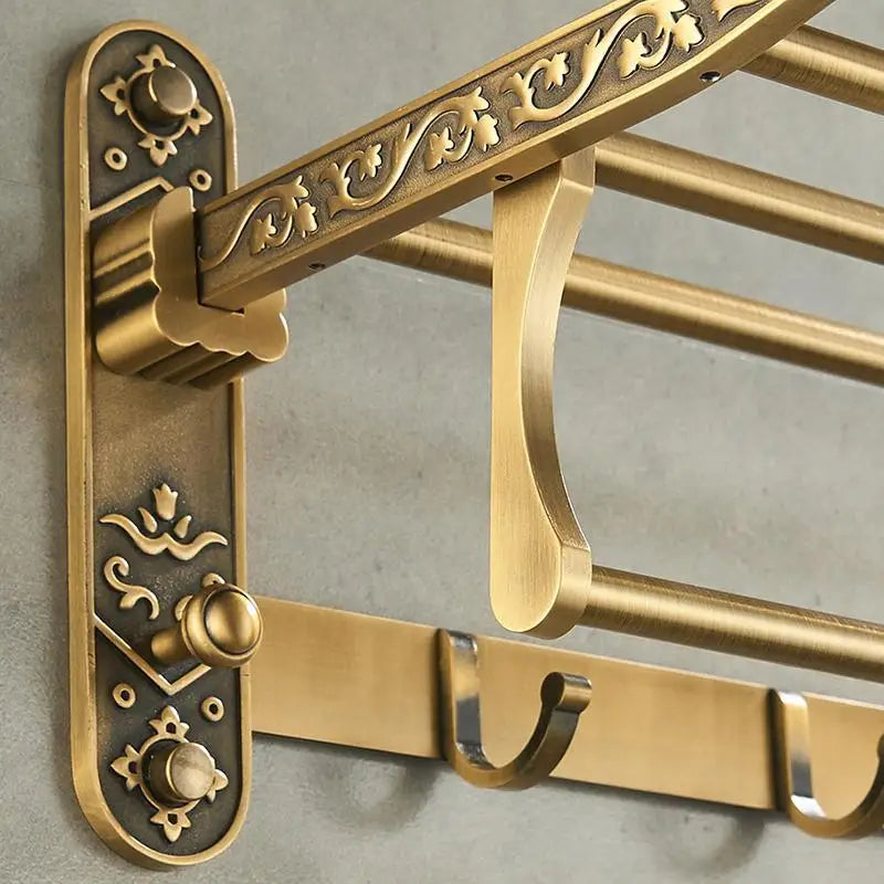 Aluminum Foldable Antique Brass Bath Towel Rack Active Bathroom Towel Holder Double Towel Shelf With Hooks Bathroom Accessories