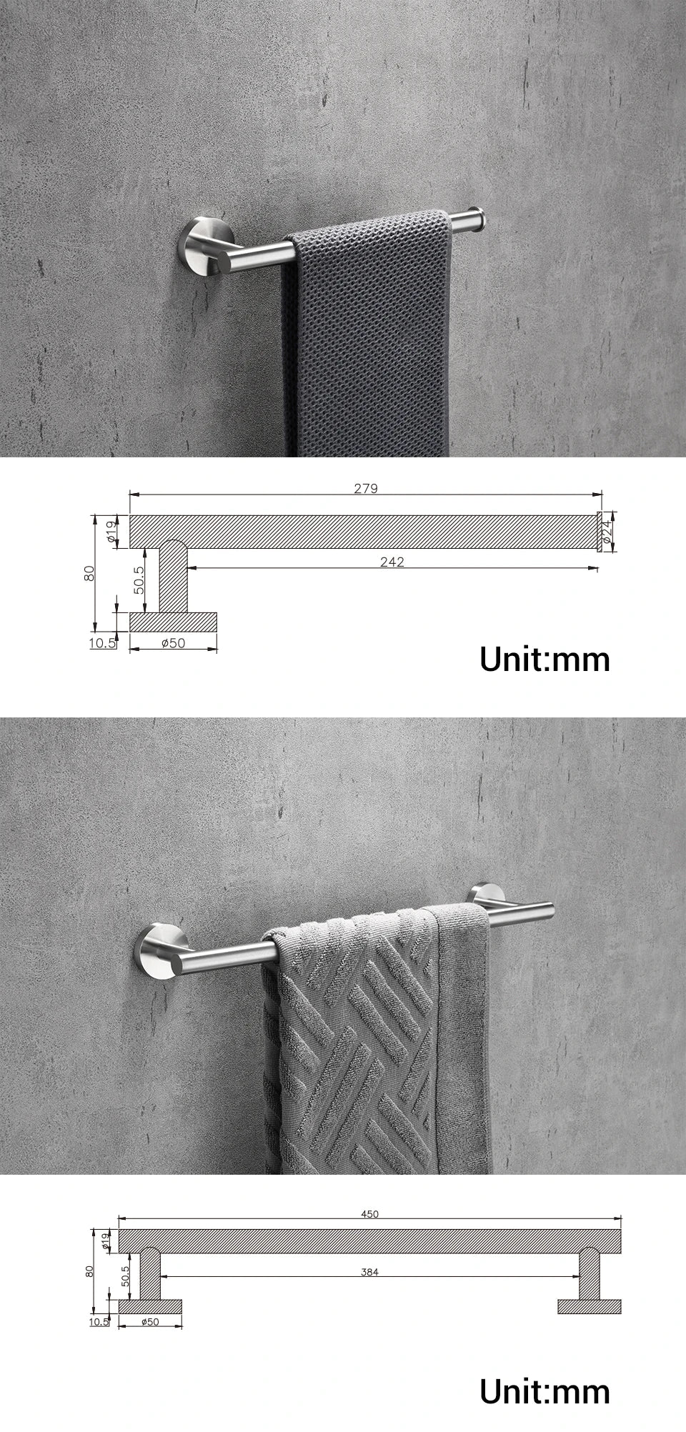 Bathroom Hardware Set Accessories Kit Brushed Stainless Steel Round Wall Rack Hand Bar Toilet Roll Paper Holder Robe Towel Hook