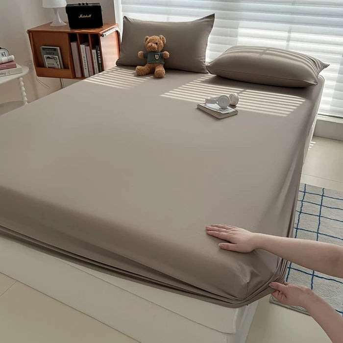 Solid  Colour Washed Fitted Sheet with Elastic Bands Non Slip Adjustable Mattress Cover for Single Double King Queen Bed