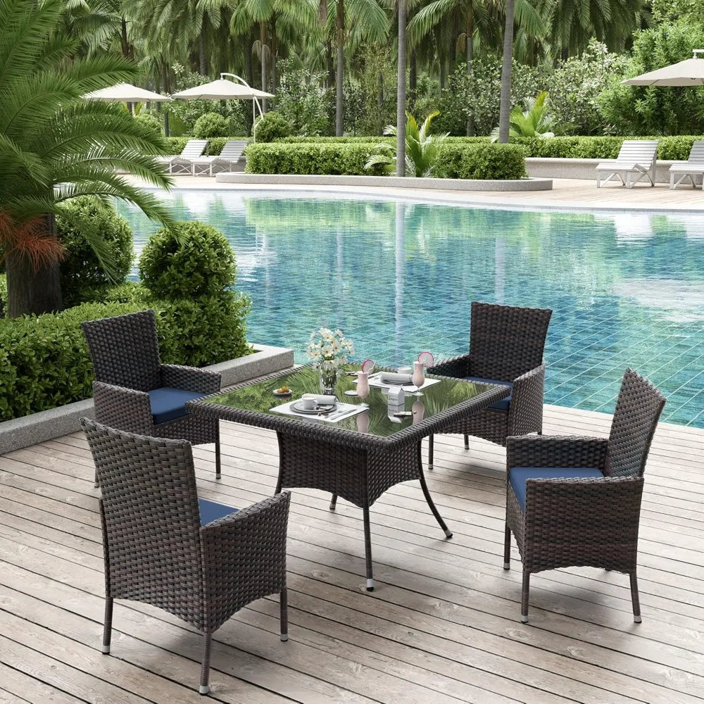 5 Piece Patio Dining Set All-Weather Wicker Outdoor Furniture Set W/Tempered Glass Tabletop, Removable Cushions