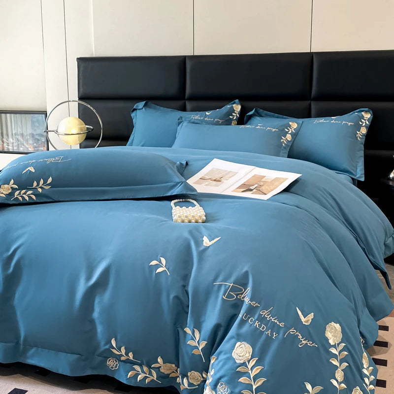 Golden Flowers Sea Embroidery Bedding Set Luxury Beige Cotton Duvet Cover Flat or Fitted Bed Sheet Pillowcases Solid Color