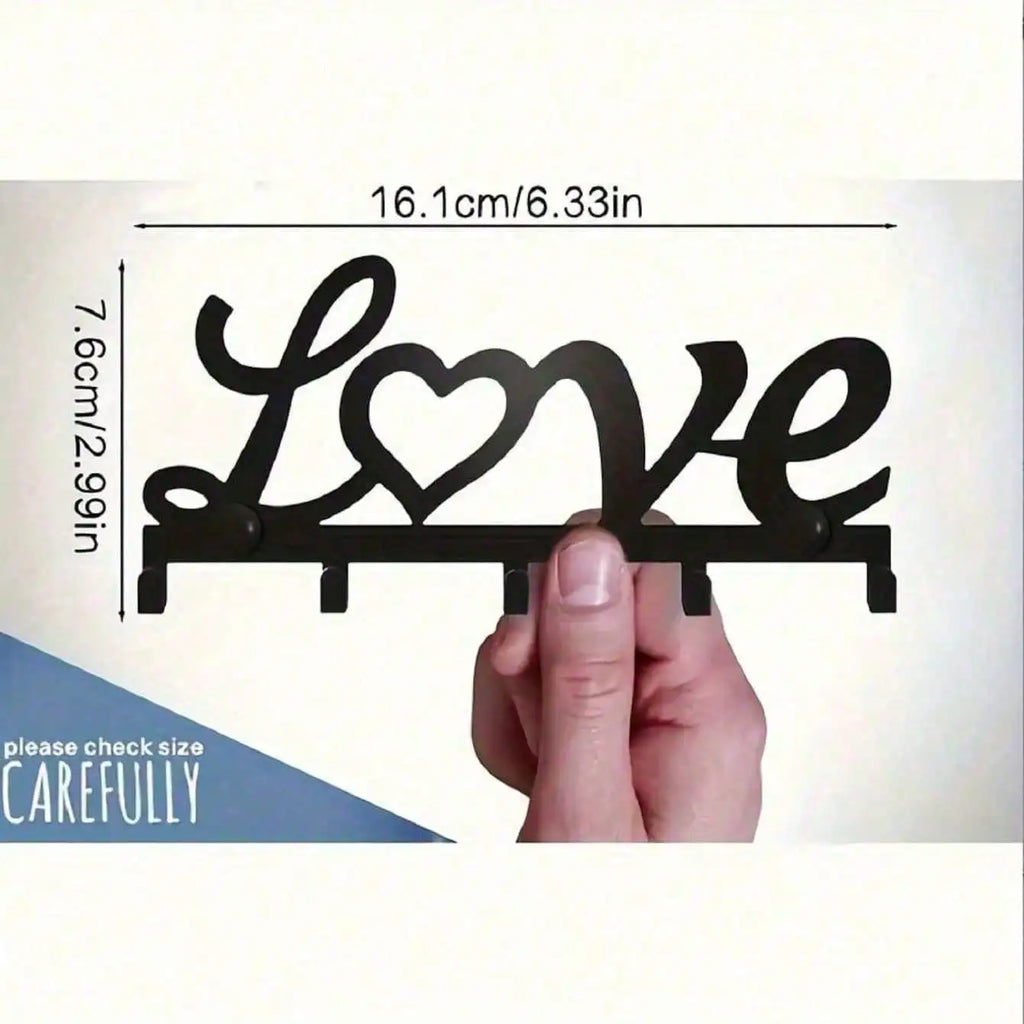 Wrought Iron "Love" Heart Wall Hook Set Modern Romantic Theme Metal Silhouette - Home Entryway/Bedroom Decor