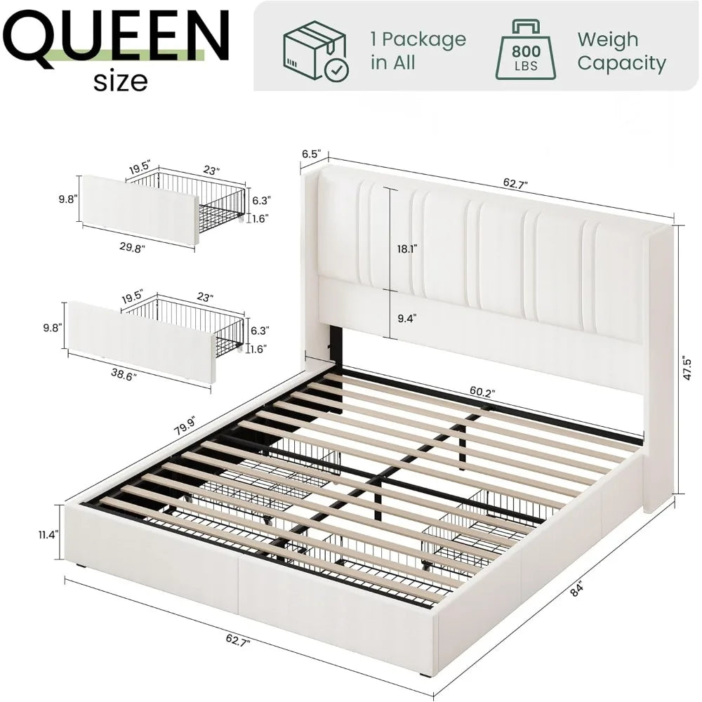Size Bed Frame with 4 Storage Drawers and Wingback Headboard Linen Upholstered Platform Bed Frame with Wooden Slats, Easy