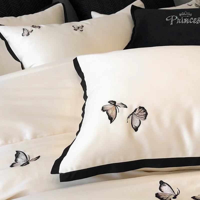 600TC Egyptian Cotton Chic Butterfly Embroidery Bedding Set 100% Cotton Duvet Cover Set Flat/Fitted Bed Sheet Pillowcases 4Pcs
