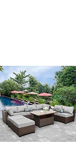 7 Pieces Outdoor PE Wicker Furniture Set Patio Rattan Sectional Conversation Sofa Set with Khaki Cushions and Glass Top T