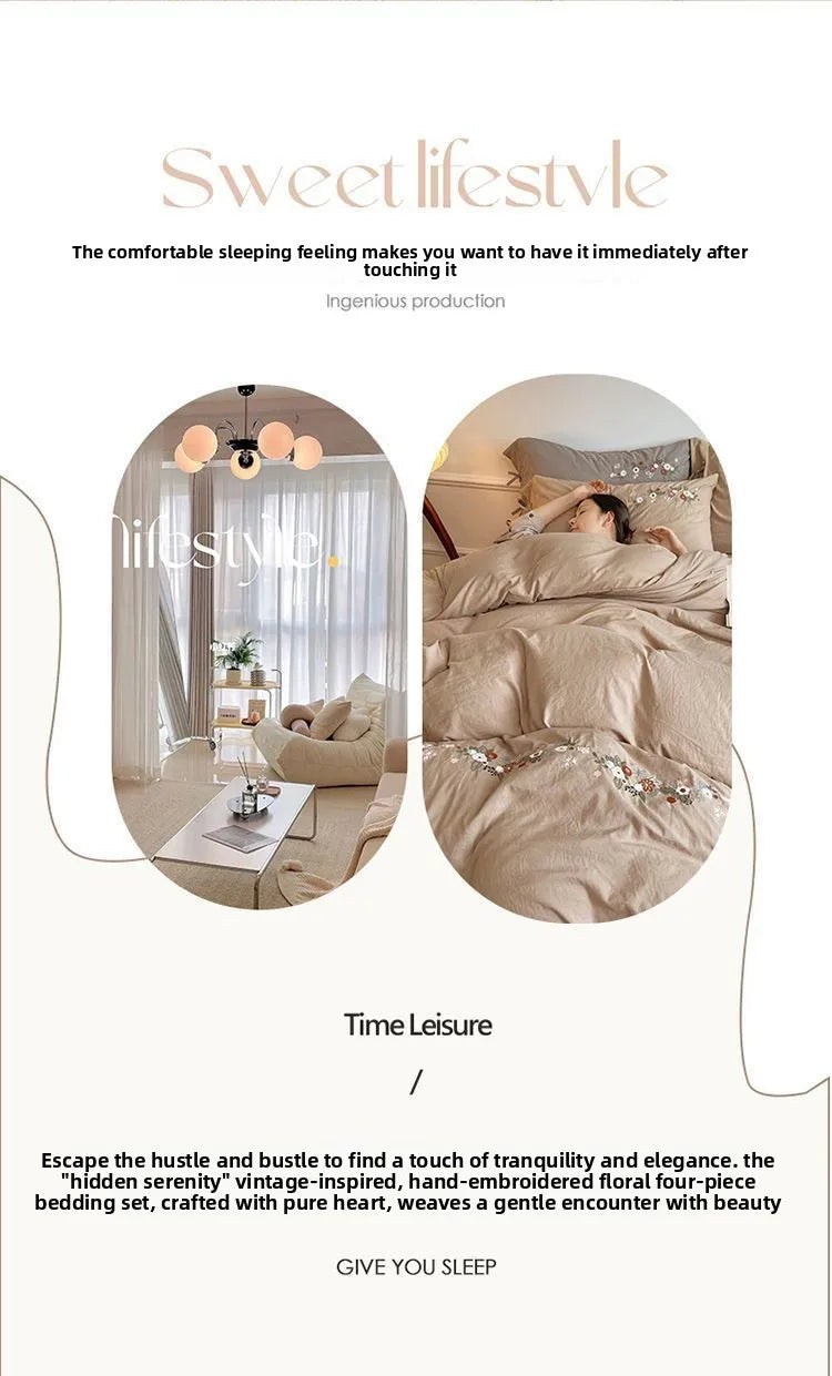 New Chinese embroidery washed cotton soft quilt cover bed sheet four-piece set