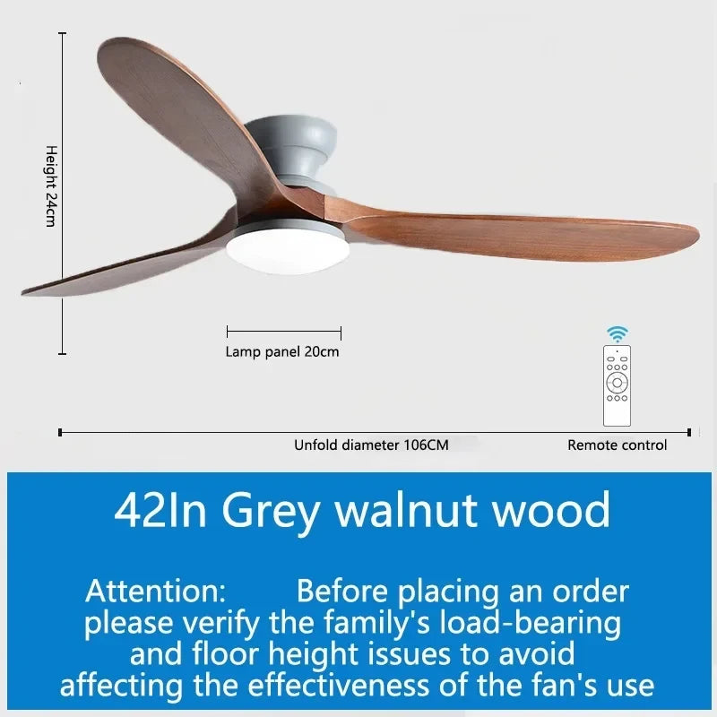 42/52inch Low Floor Ceiling Fan Light Remote Control Led Llights Indoor Restaurant Solid wood fan leaves With Fan Chandelier
