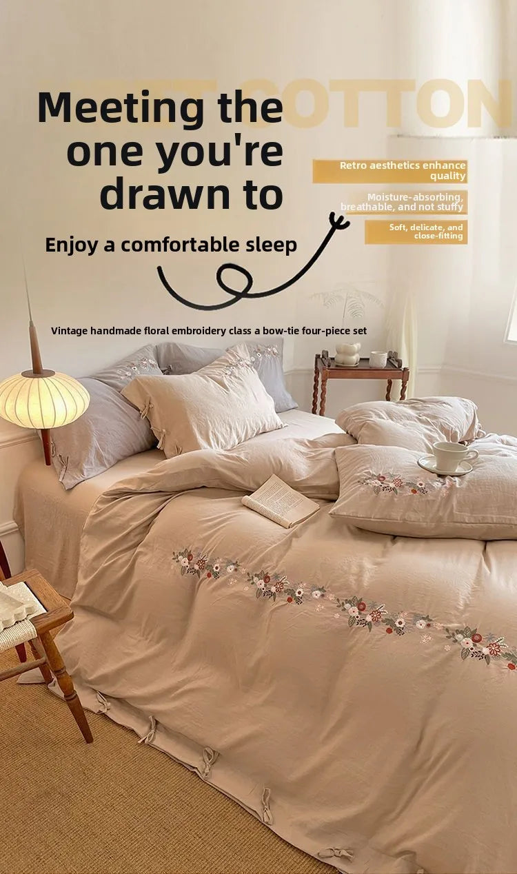 New Chinese embroidery washed cotton soft quilt cover bed sheet four-piece set