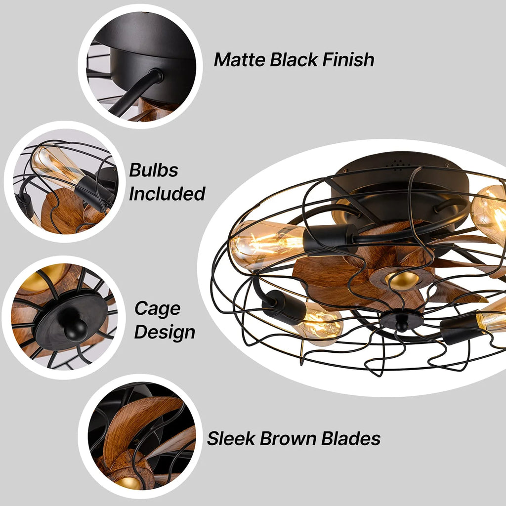 21" Low Profile Caged Ceiling Fan with Lights Remote Control,  Bulb not Included, Farmhouse Small Industrial Black Ceiling Light