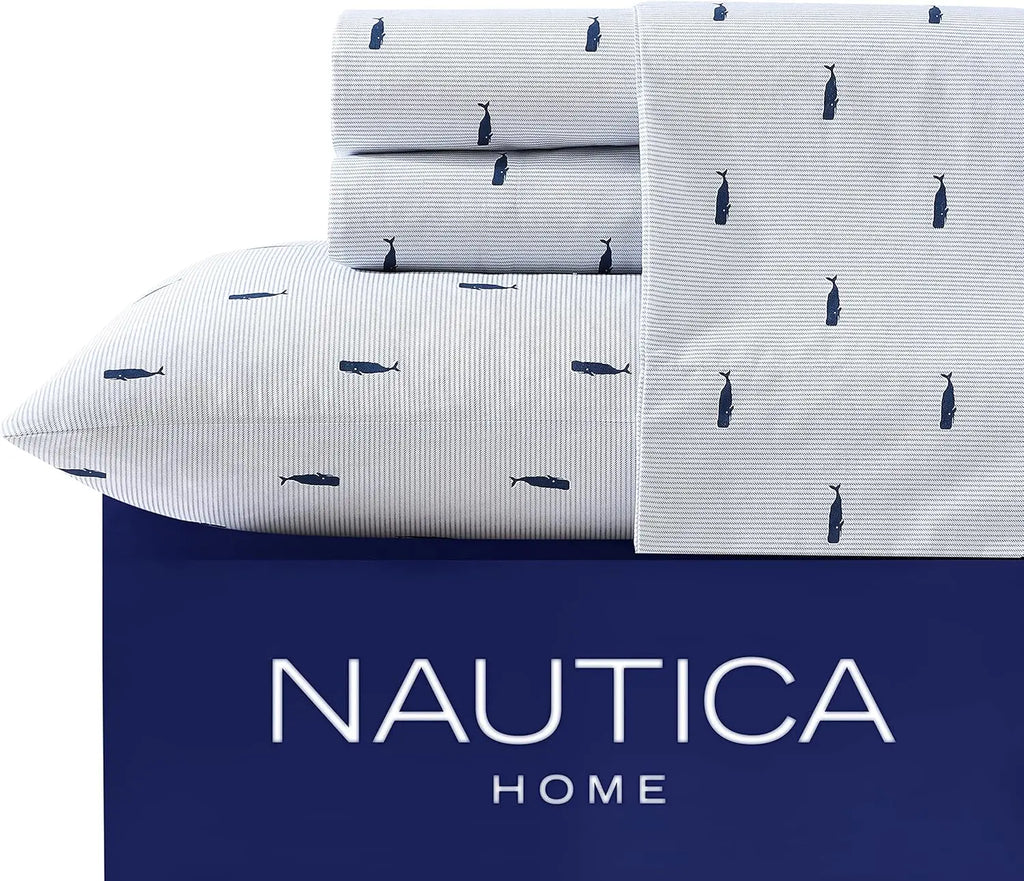 Full Size Cotton Percale Sheet Sets, Crisp & Cool Bedding in Whale Stripe Blue for Coastal Home Decor