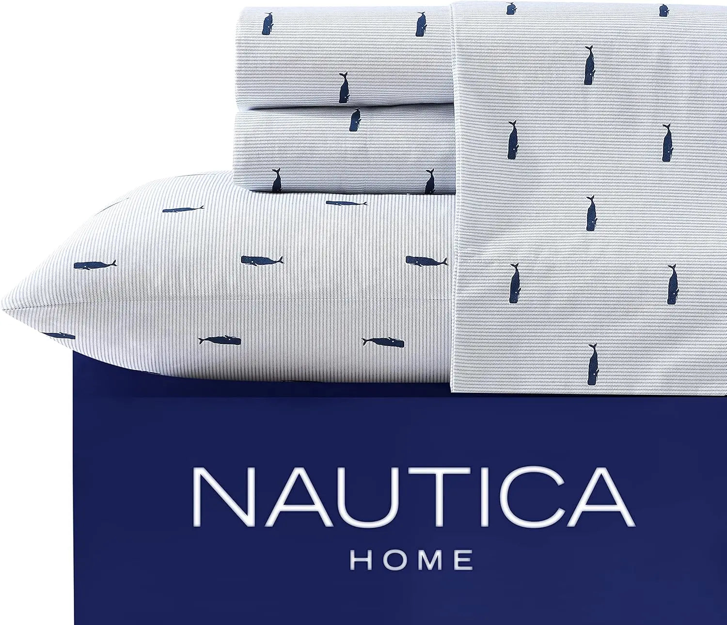 Full Size Cotton Percale Sheet Sets, Crisp & Cool Bedding in Whale Stripe Blue for Coastal Home Decor