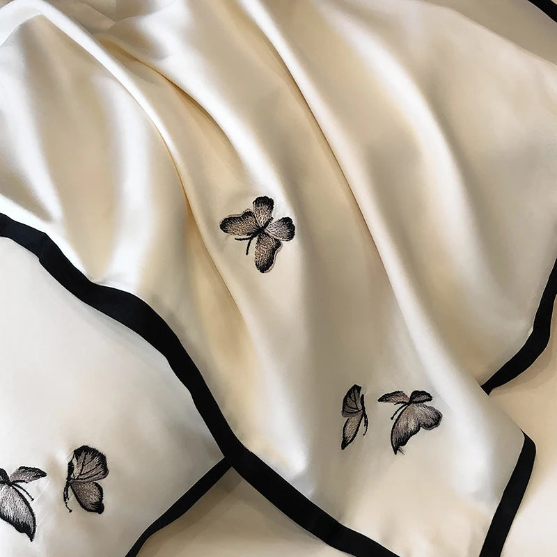 600TC Egyptian Cotton Chic Butterfly Embroidery Bedding Set 100% Cotton Duvet Cover Set Flat/Fitted Bed Sheet Pillowcases 4Pcs