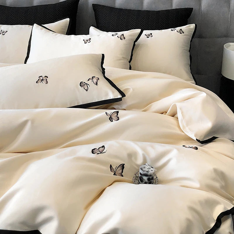 600TC Egyptian Cotton Chic Butterfly Embroidery Bedding Set 100% Cotton Duvet Cover Set Flat/Fitted Bed Sheet Pillowcases 4Pcs