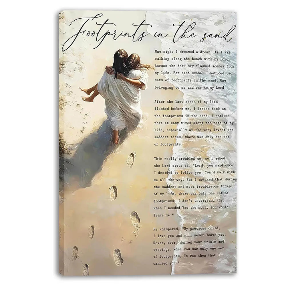 Framed Jesus Holding Woman Wall Art Jesus Footprints in The Sand Canvas Painting Print Christian Inspirational Quotes Poster