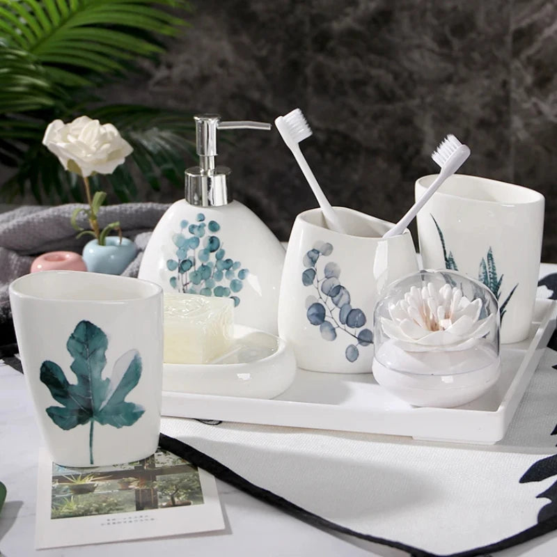 Green Nordic Ceramic Bathroom Set - Soap Dispenser, Toothbrush Holder, Tumbler & Soap Dish for Stylish Bathroom Organization
