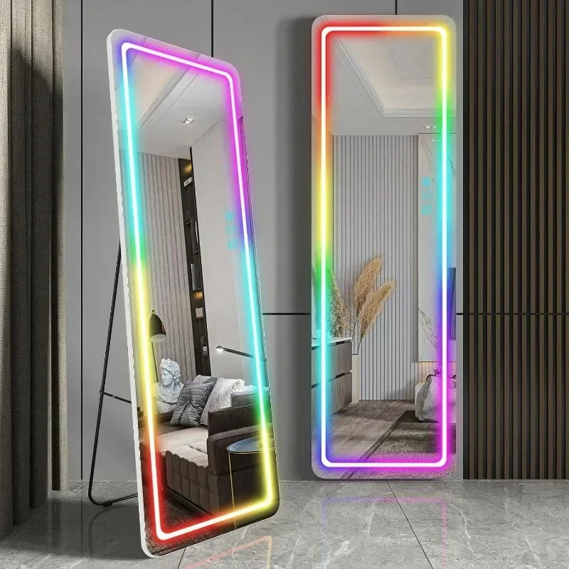 RGB LED Full Length Mirror With Lights, 63"x20" Floor Mirror Dimming Lights, Standing Wall Mounted Hanging