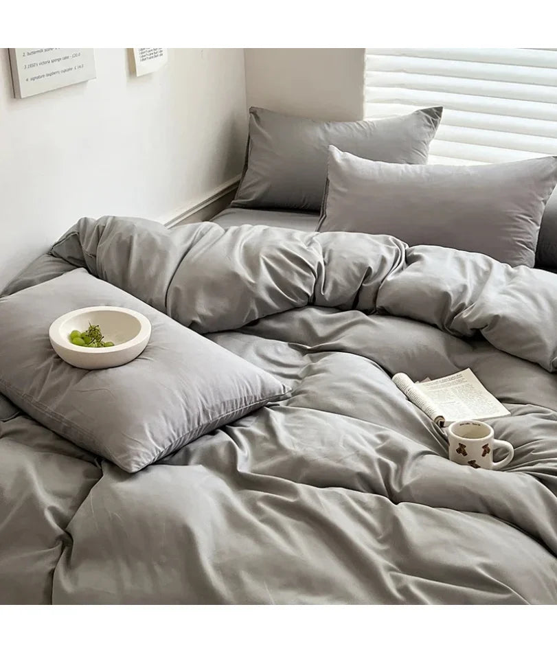 Solid Bed Linen Cotton Bedding Set with Sheet Duvet Cover Pillowcase Single Couple Bedsheet King Queen Double Twin Size