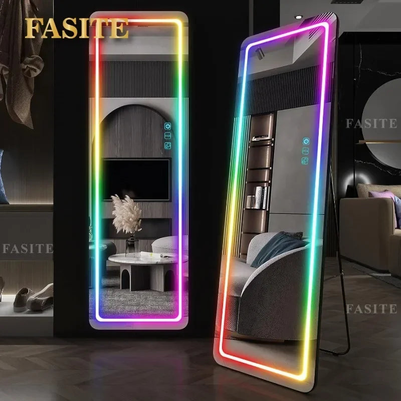 RGB LED Full Length Mirror With Lights, 63"x20" Floor Mirror Dimming Lights, Standing Wall Mounted Hanging