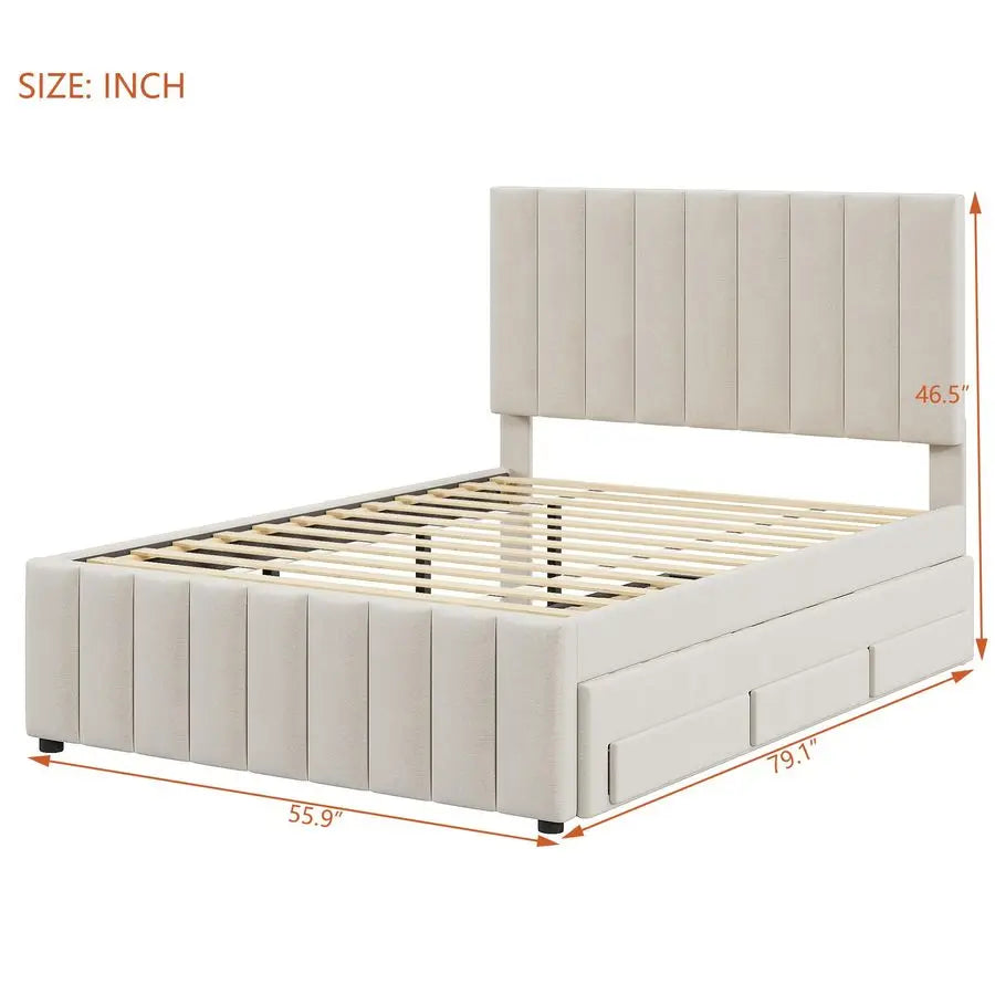 Harper Bright Designs Full Size Bed with PullOut Trundle and 3 Storage Drawers Underneath, Linen Upholstered Full Platform Bed