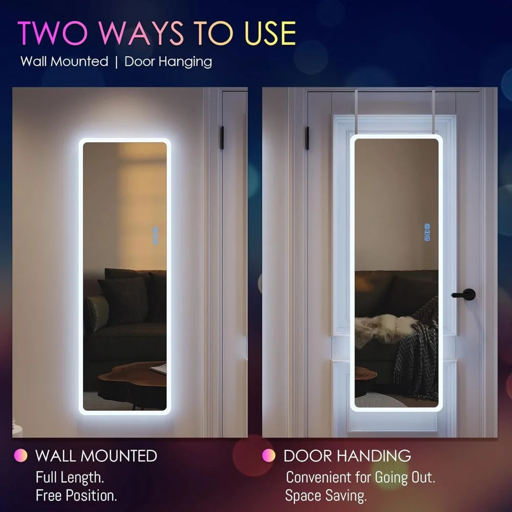 LED RGB Lighted Full Length Wall Mirror, Over Door Hanging Mirror, Full Body Mirror with Lights, 14 Length, Ideal for Home and S