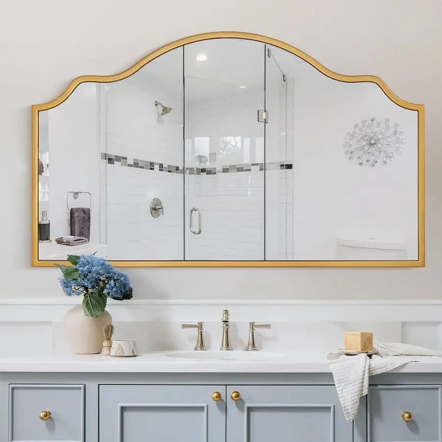 Wide Arched Mirror, 55x32 Large Gold Mirrors for Wall Decor Mantel Fireplace, Modern Scalloped Mirror for Dining Room, Entryway