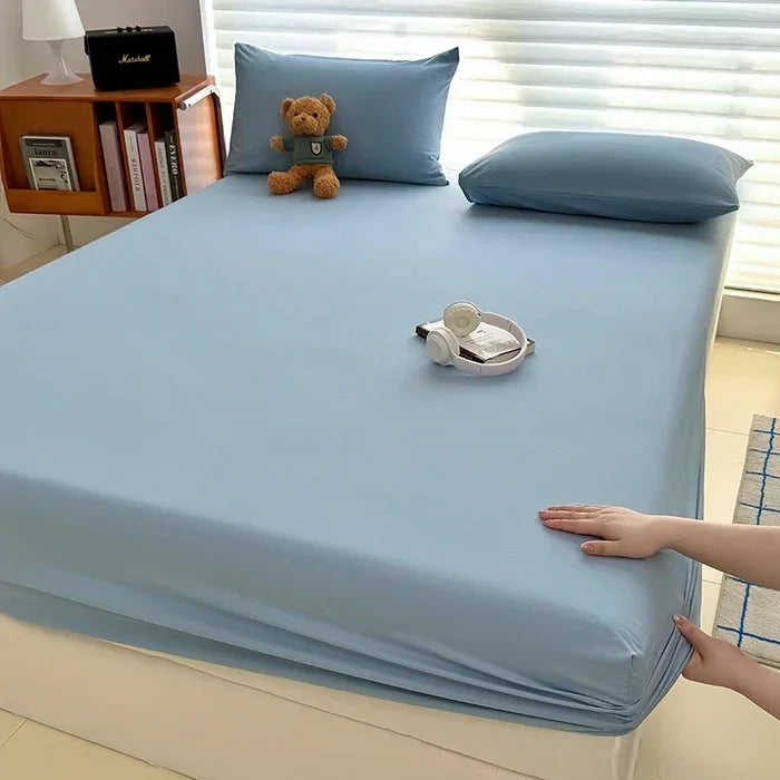 Solid  Colour Washed Fitted Sheet with Elastic Bands Non Slip Adjustable Mattress Cover for Single Double King Queen Bed