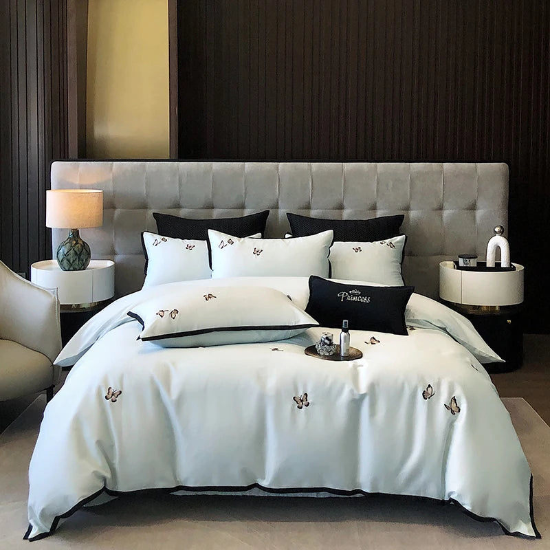 600TC Egyptian Cotton Chic Butterfly Embroidery Bedding Set 100% Cotton Duvet Cover Set Flat/Fitted Bed Sheet Pillowcases 4Pcs