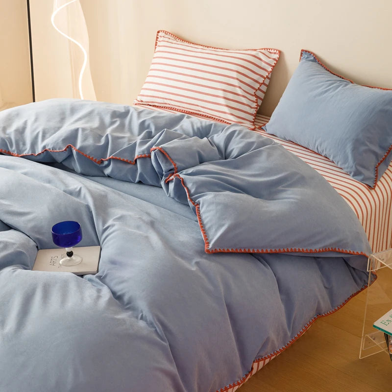 Blue Protein Durable Washed Cotton Bedding Set Striped Color Block Shell Embroidery Comforter Cover with Standard Pillowcases