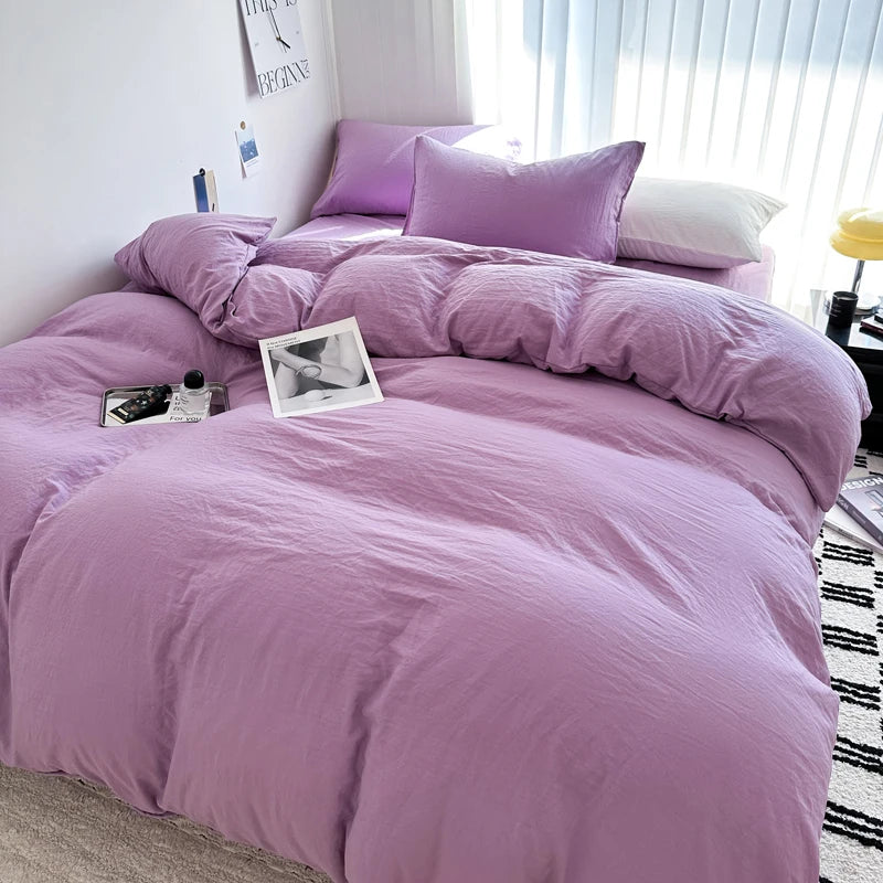 Solid Bed Linen Cotton Bedding Set with Sheet Duvet Cover Pillowcase Single Couple Bedsheet King Queen Double Twin Size