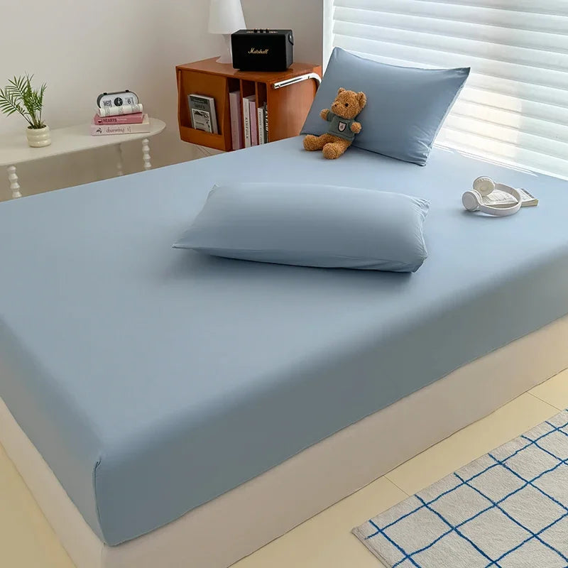 Solid  Colour Washed Fitted Sheet with Elastic Bands Non Slip Adjustable Mattress Cover for Single Double King Queen Bed