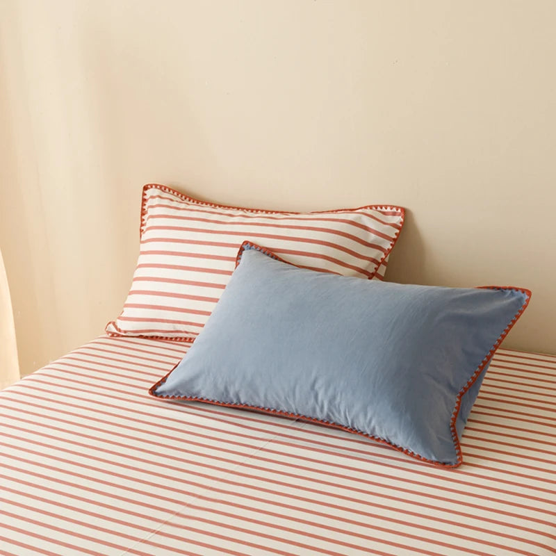 Blue Protein Durable Washed Cotton Bedding Set Striped Color Block Shell Embroidery Comforter Cover with Standard Pillowcases