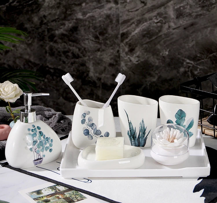 Green Nordic Ceramic Bathroom Set - Soap Dispenser, Toothbrush Holder, Tumbler & Soap Dish for Stylish Bathroom Organization