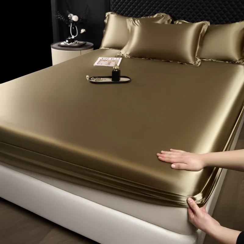 3 pcs High End 100% Mulberry Silk Bed Sheet Set with Pillowcase Luxury Solid Color Silk Fitted Sheet Soft Smooth Satin Bed Linen