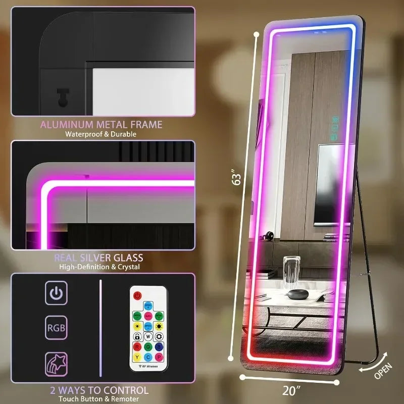 RGB LED Full Length Mirror With Lights, 63"x20" Floor Mirror Dimming Lights, Standing Wall Mounted Hanging