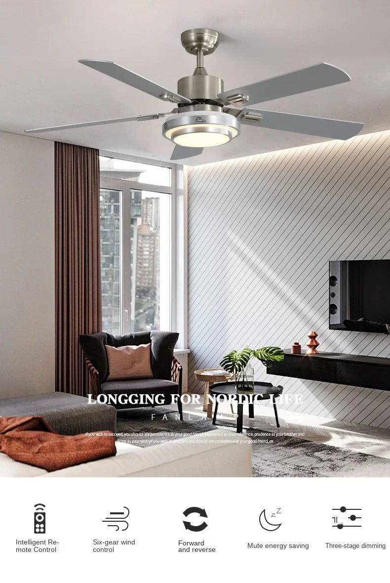 Modern Stainless Steel Ceiling Fan Lights with Lights Restaurant Fan Lights, Remote Dimming, Energy-saving Silent Pendant Lights