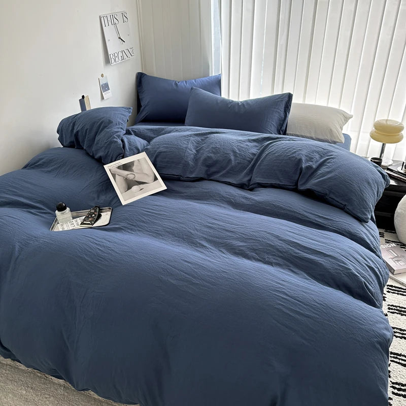 Solid Bed Linen Cotton Bedding Set with Sheet Duvet Cover Pillowcase Single Couple Bedsheet King Queen Double Twin Size