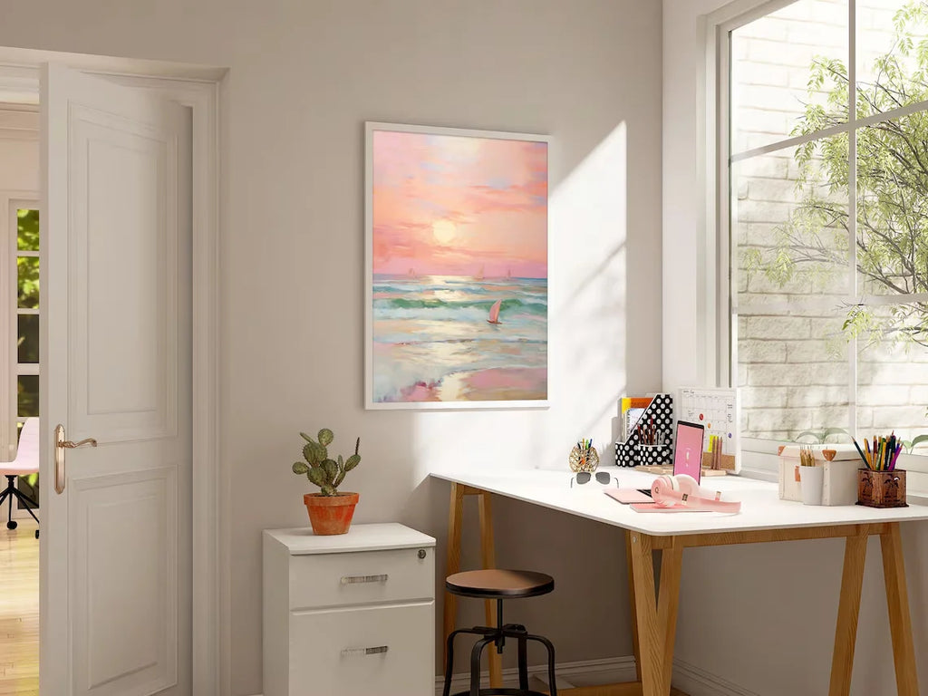 Pastel Sunset Print Blush Pink Coastal Beach Preppy Ocean Painting Poster Boho Wall Art Decor Girly Dorm Teen Room Prints Framed