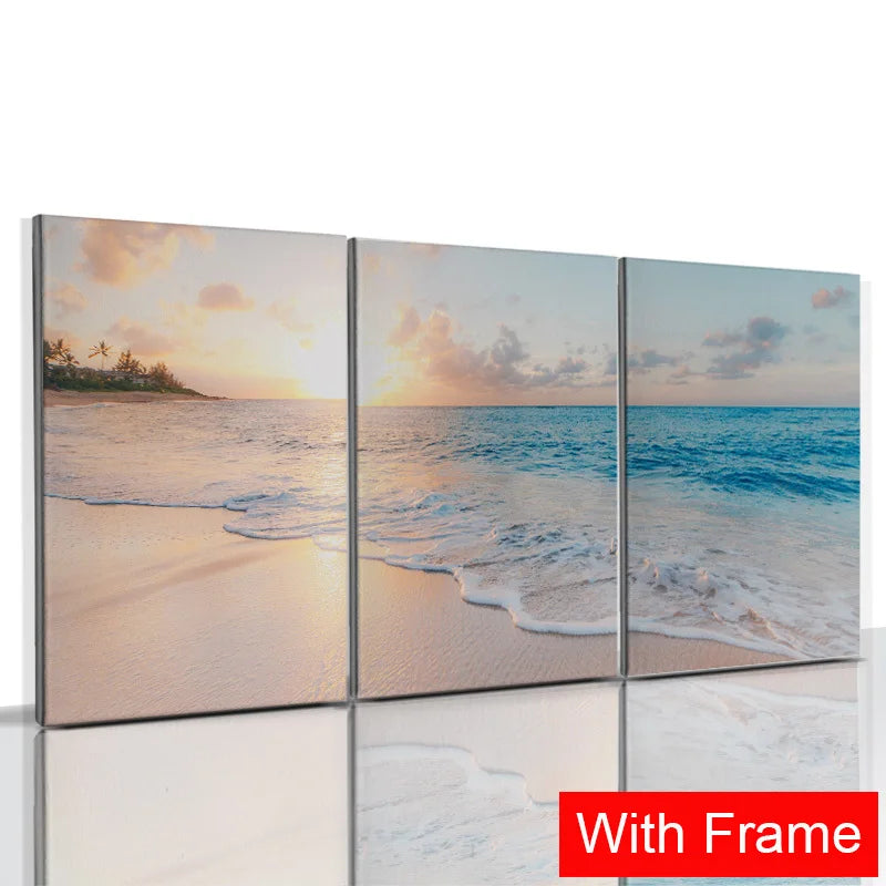 3pcs Framed Seaside Scenery Wall Art Canvas Painting Nordic Beach Sunset Print Poster Modern Living Room Home Decor Mural