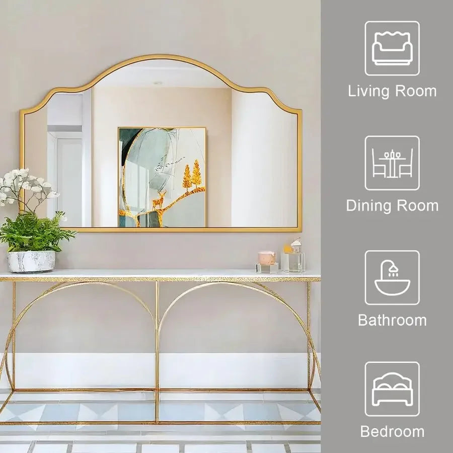 Wide Arched Mirror, 55x32 Large Gold Mirrors for Wall Decor Mantel Fireplace, Modern Scalloped Mirror for Dining Room, Entryway