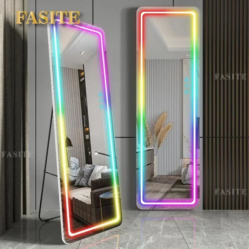 RGB LED Full Length Mirror With Lights, 63"x20" Floor Mirror Dimming Lights, Standing Wall Mounted Hanging
