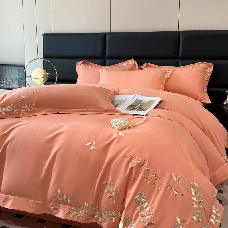 Golden Flowers Sea Embroidery Bedding Set Luxury Beige Cotton Duvet Cover Flat or Fitted Bed Sheet Pillowcases Solid Color
