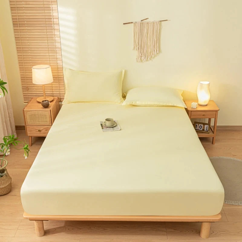 Solid Color Brushed Fitted Bed Sheet Set with 2 Pillowcases Soft Comfortable Non Slip Mattress Protector Cover for Single Double