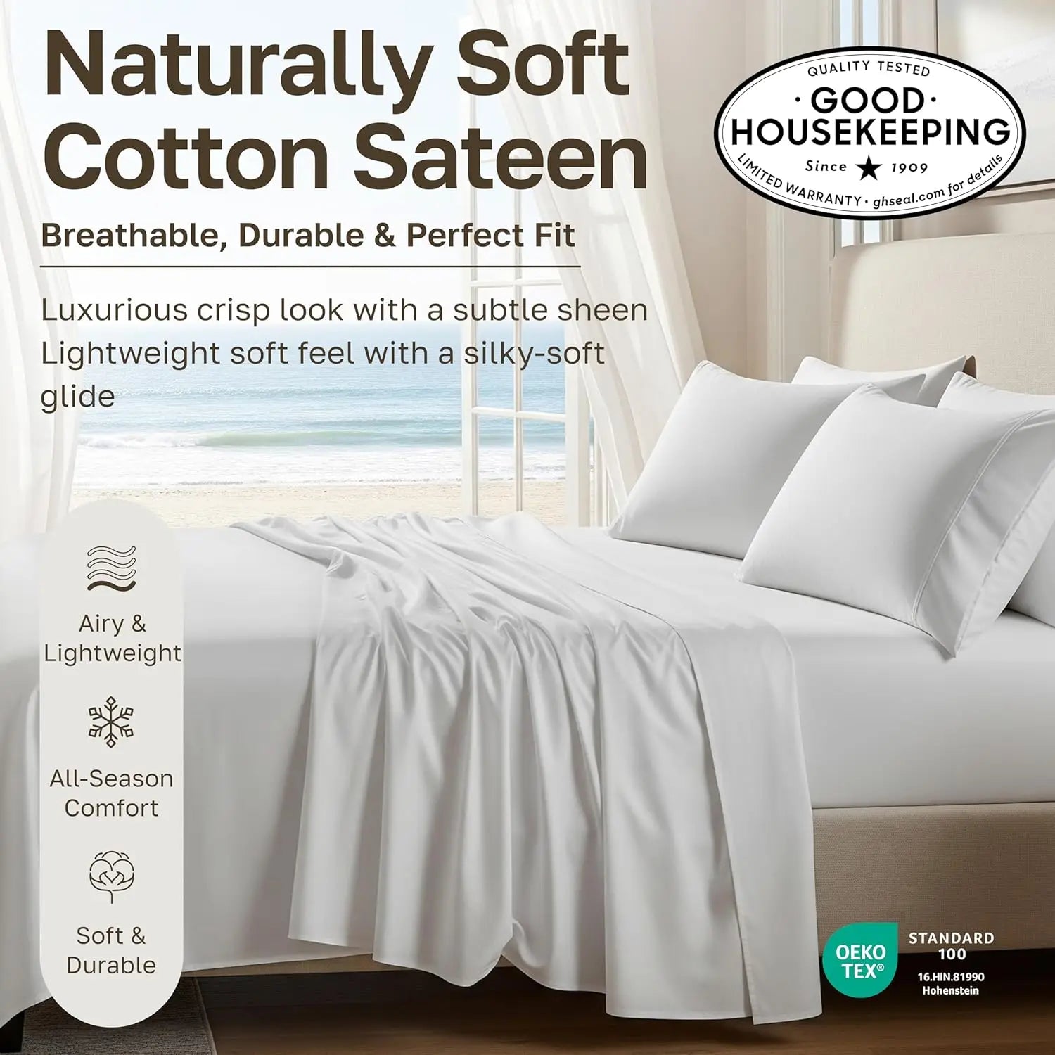 Queen Size Cotton Sheet Set with Deep Pockets, Soft Sateen Weave, Breathable and Durable Bedding in White