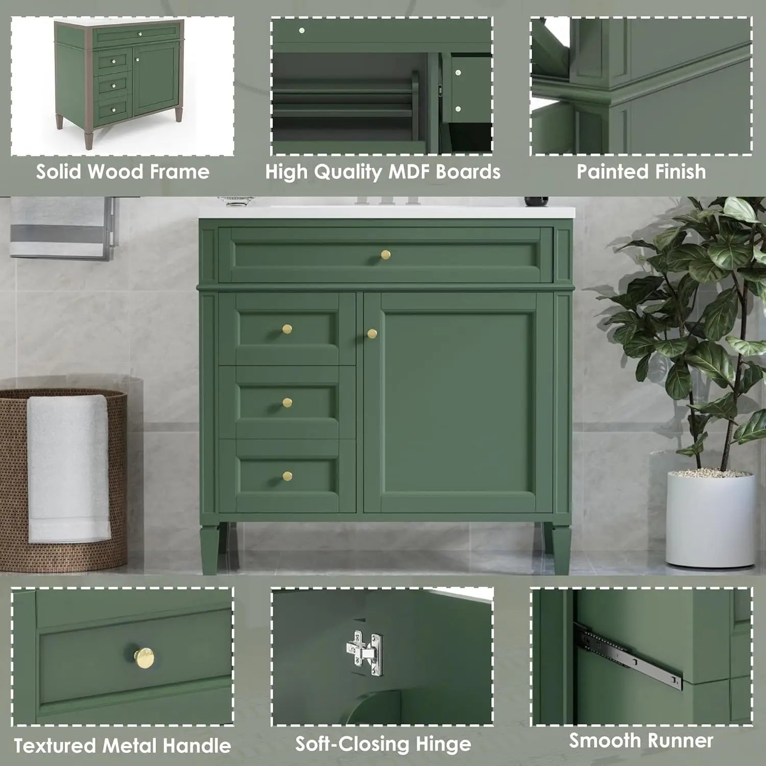 36in Solid Wood Bathroom Vanity with Soft-Close Doors & Tip-Out Drawer Undermount Sink Cabinet Green Customized