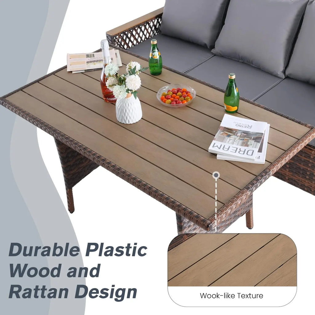 8pc Patio Set Wicker Chairs Ottoman 3 Seat Sofa Dining Table All Weather Cushion High Back Garden Backyard,Custom