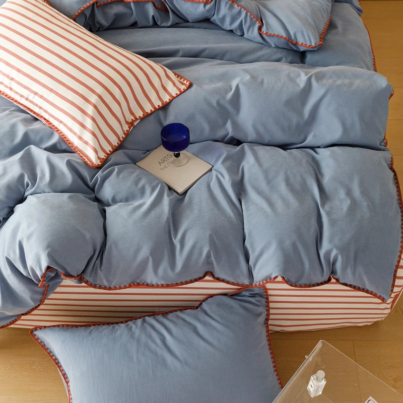 Blue Protein Durable Washed Cotton Bedding Set Striped Color Block Shell Embroidery Comforter Cover with Standard Pillowcases