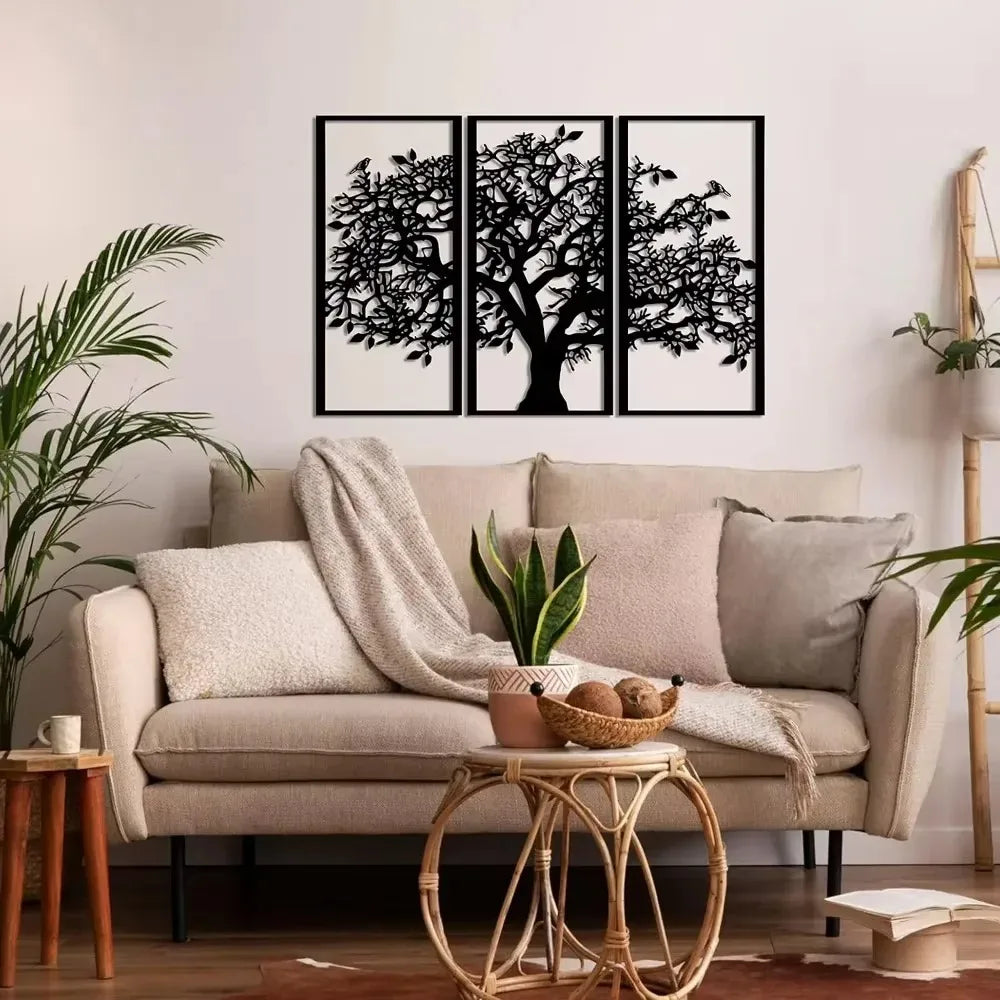 3Pcs Family Tree Metal Wall Decor – Tree of Life Iron Art. Modern 3D Wall Art for Home, Bedroom, and Living Room Decoration.
